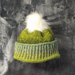 Stylish Green Knit Beanie with Fluffy Pom Pom